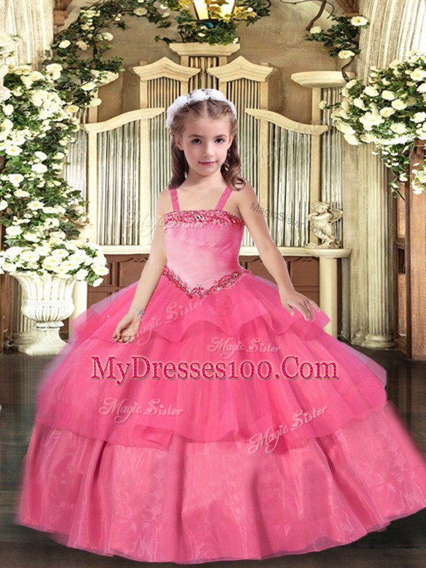 Customized Ball Gowns Kids Pageant Dress Hot Pink Straps Organza Sleeveless Floor Length Lace Up