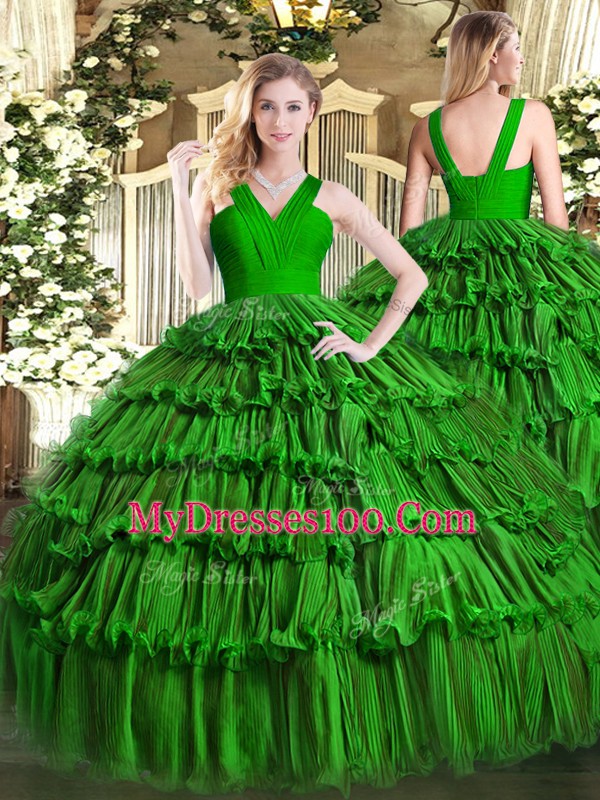 Classical Dark Green Organza Zipper Quinceanera Gown Sleeveless Floor Length Ruffled Layers