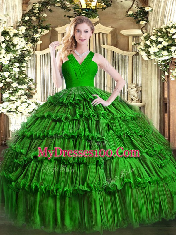 Classical Dark Green Organza Zipper Quinceanera Gown Sleeveless Floor Length Ruffled Layers
