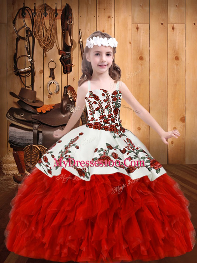 Lovely Red Sleeveless Floor Length Embroidery and Ruffles Lace Up Little Girls Pageant Dress Wholesale