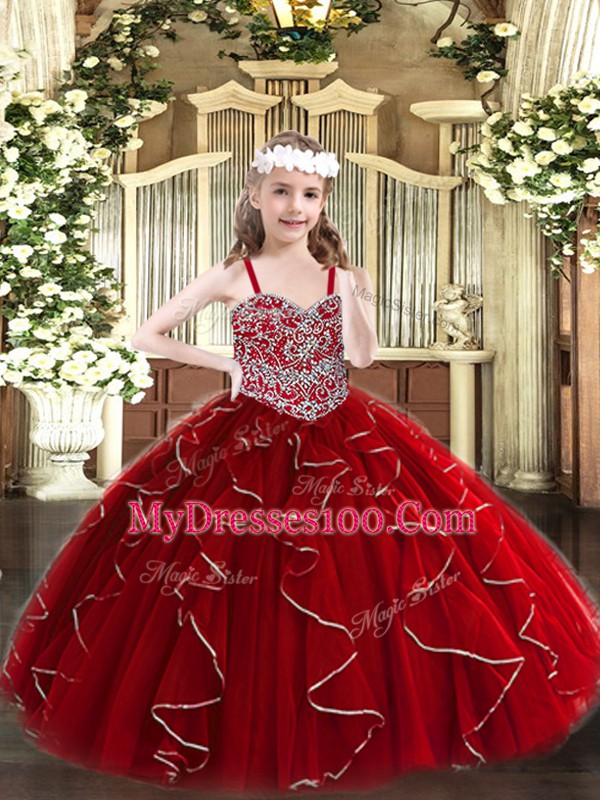 Best Wine Red Straps Neckline Beading and Ruffles Evening Gowns Sleeveless Lace Up