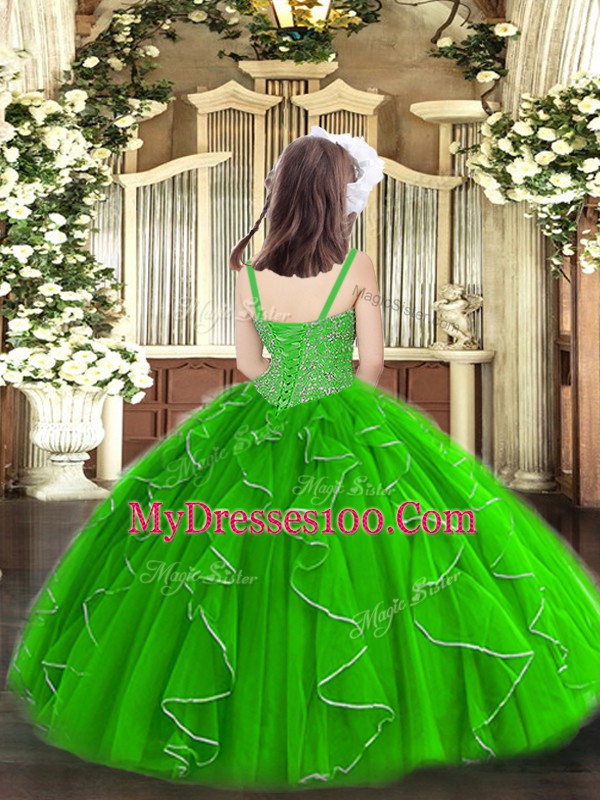 Best Wine Red Straps Neckline Beading and Ruffles Evening Gowns Sleeveless Lace Up