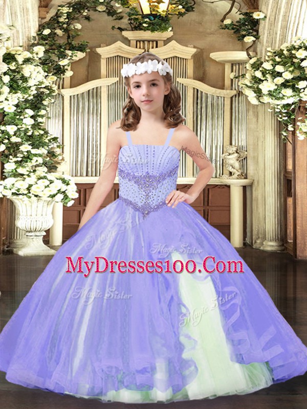 Lavender Sleeveless Beading Floor Length Little Girl Pageant Dress