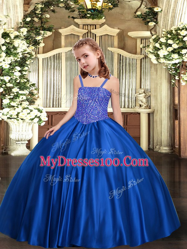 Fashion Sleeveless Floor Length Beading Lace Up Little Girl Pageant Dress with Royal Blue