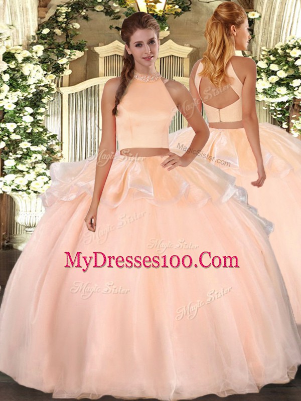 New Style Halter Top Sleeveless Backless Vestidos de Quinceanera Peach Organza