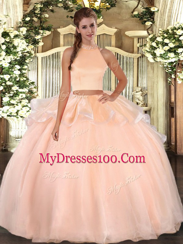 New Style Halter Top Sleeveless Backless Vestidos de Quinceanera Peach Organza