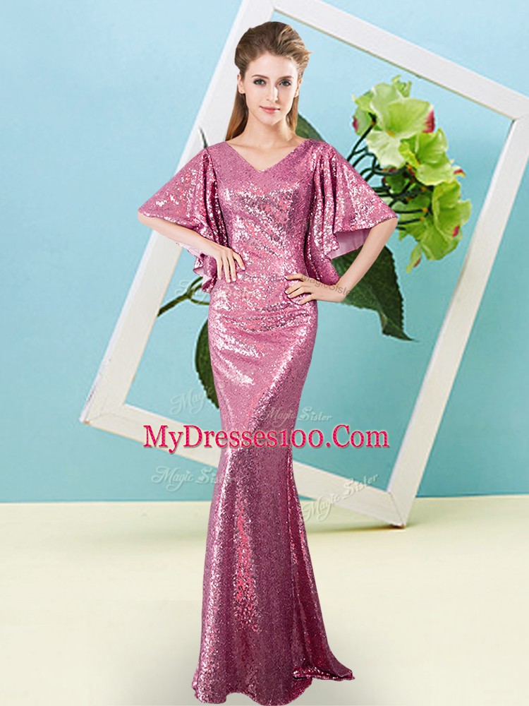 Gorgeous Pink V-neck Zipper Sequins Prom Evening Gown Half Sleeves