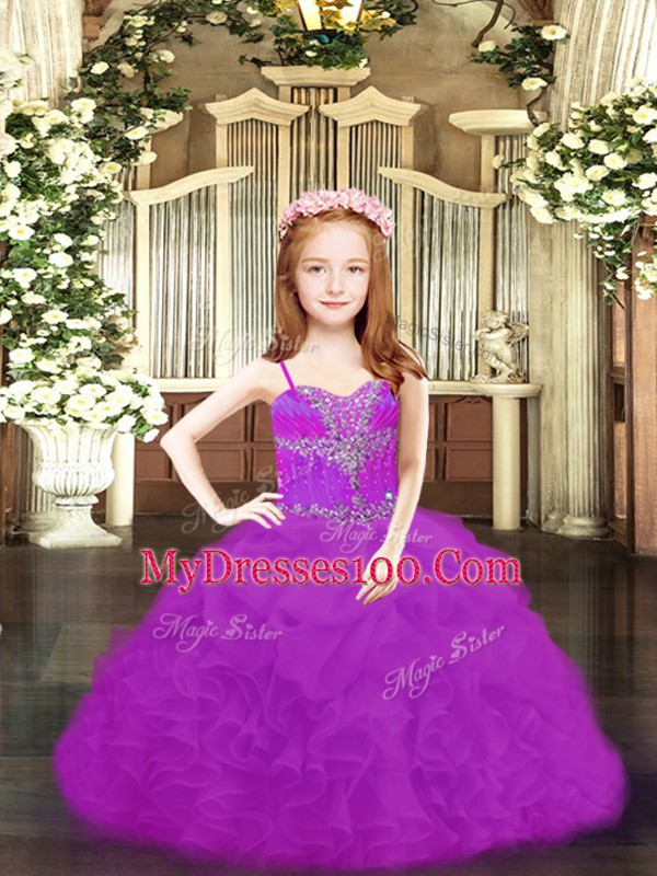 Unique Fuchsia and Purple Ball Gowns Organza Spaghetti Straps Sleeveless Beading and Ruffles and Pick Ups Floor Length Lace Up Pageant Dress for Womens