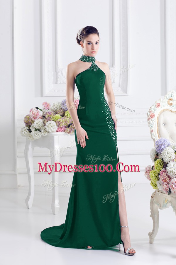 High Quality Dark Green Halter Top Neckline Beading Dress for Prom Sleeveless Lace Up