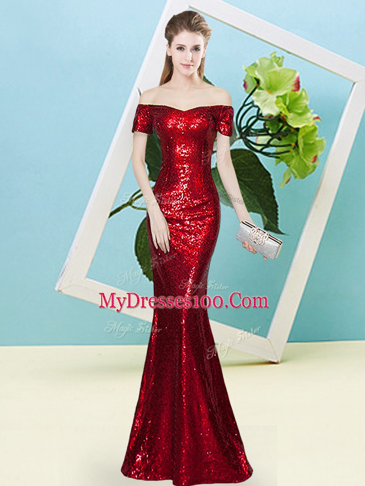 Sequins Homecoming Dress Wine Red Zipper Short Sleeves Floor Length