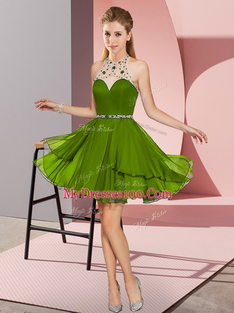 Fine Beading Prom Evening Gown Olive Green Zipper Sleeveless Mini Length