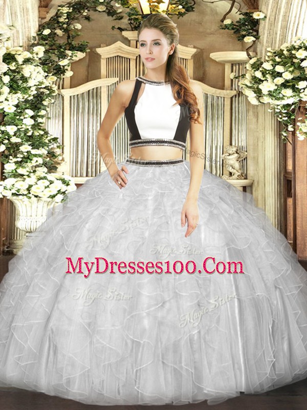 White Two Pieces Tulle Halter Top Sleeveless Ruffles Floor Length Backless Quinceanera Gown