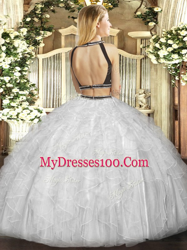 White Two Pieces Tulle Halter Top Sleeveless Ruffles Floor Length Backless Quinceanera Gown
