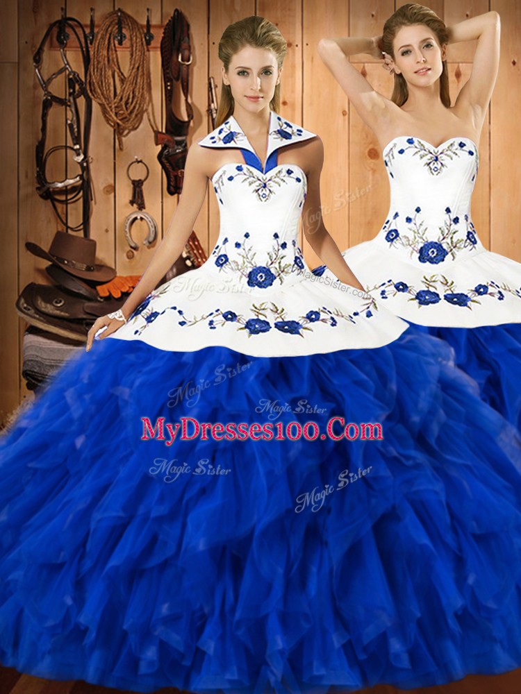 Ball Gowns Ball Gown Prom Dress Blue And White Halter Top Satin and Organza Sleeveless Floor Length Lace Up