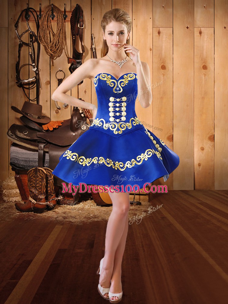 Blue Sweetheart Lace Up Embroidery Quinceanera Dresses Sleeveless