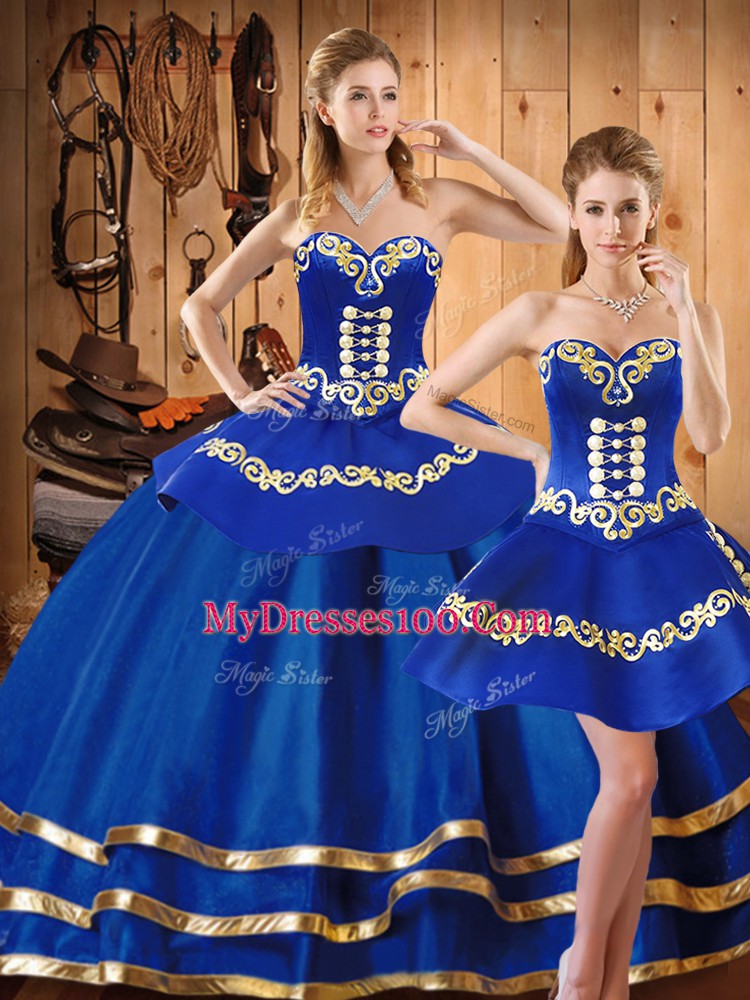 Blue Sweetheart Lace Up Embroidery Quinceanera Dresses Sleeveless