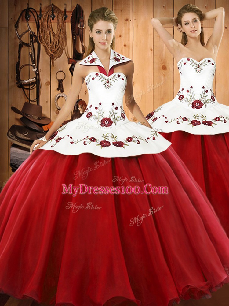 Wine Red Halter Top Neckline Embroidery Quinceanera Dress Sleeveless Lace Up