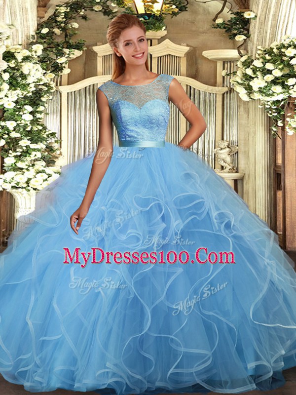 Perfect Baby Blue Ball Gowns Scoop Sleeveless Tulle Floor Length Backless Lace and Ruffles Quince Ball Gowns