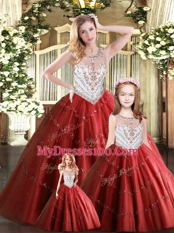 Beading 15 Quinceanera Dress Wine Red Lace Up Sleeveless Floor Length