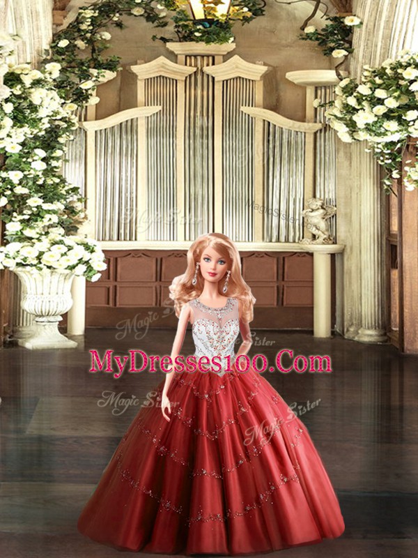 Beading 15 Quinceanera Dress Wine Red Lace Up Sleeveless Floor Length