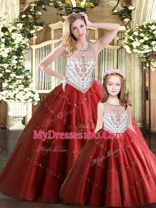 Beading 15 Quinceanera Dress Wine Red Lace Up Sleeveless Floor Length