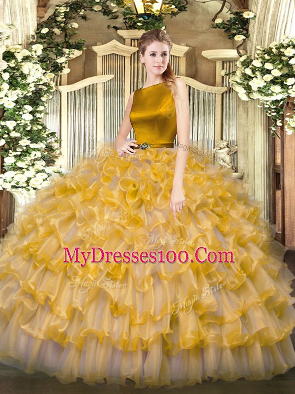 Floor Length Clasp Handle Sweet 16 Quinceanera Dress Gold for Military Ball and Sweet 16 and Quinceanera with Ruffled Layers