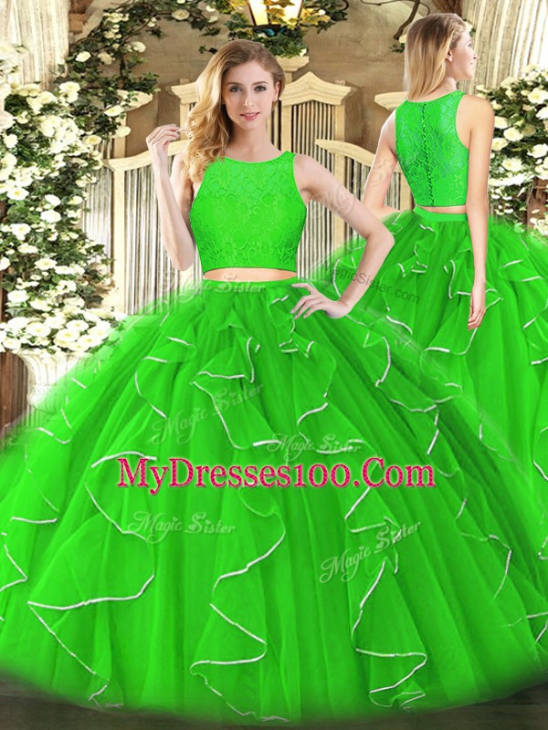 Green Ball Gowns Organza Scoop Sleeveless Lace and Ruffles Floor Length Zipper Sweet 16 Dresses