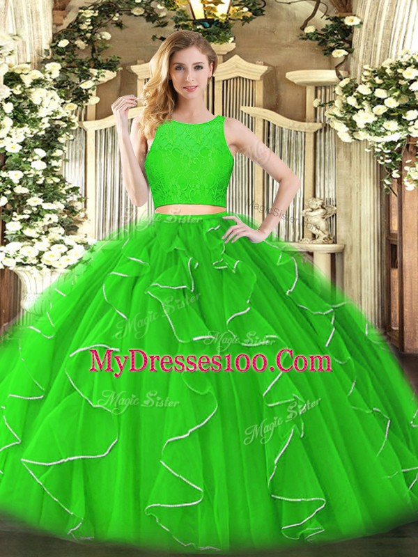 Green Ball Gowns Organza Scoop Sleeveless Lace and Ruffles Floor Length Zipper Sweet 16 Dresses