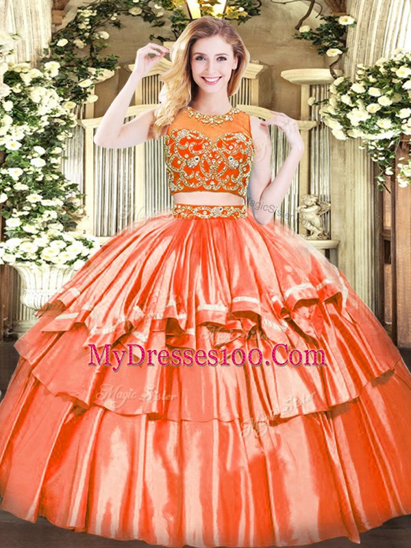 Orange Red Sleeveless Floor Length Beading and Ruffled Layers Zipper Quinceanera Dress
