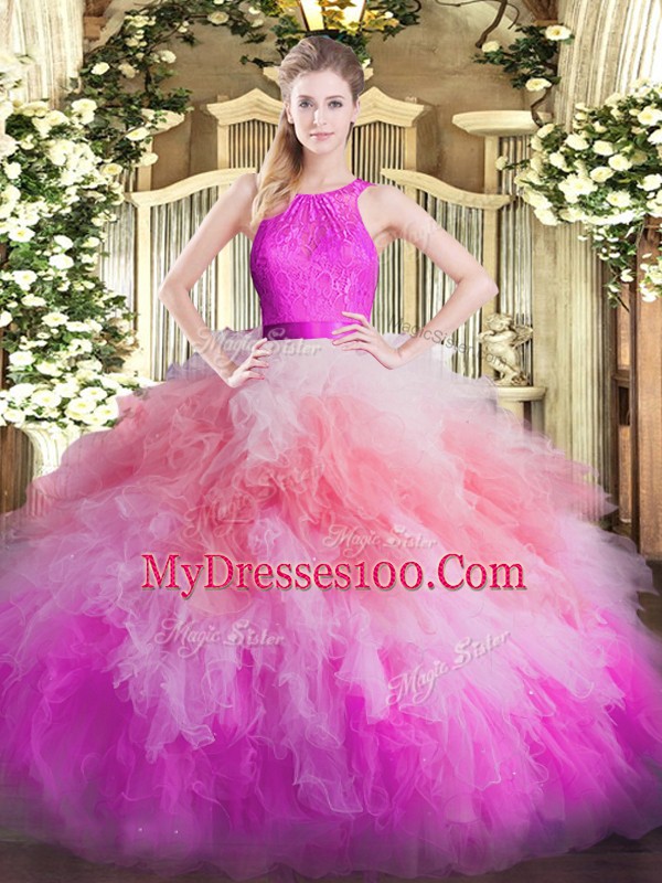 Fantastic Multi-color Zipper Quinceanera Dresses Lace and Ruffles Sleeveless Floor Length