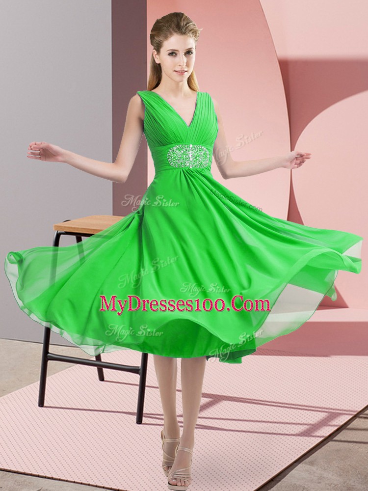 Noble Sleeveless Chiffon Knee Length Side Zipper Wedding Party Dress in Green with Beading