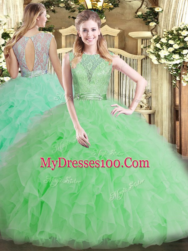 Flare Apple Green Backless Sweet 16 Quinceanera Dress Beading and Ruffles Sleeveless Floor Length