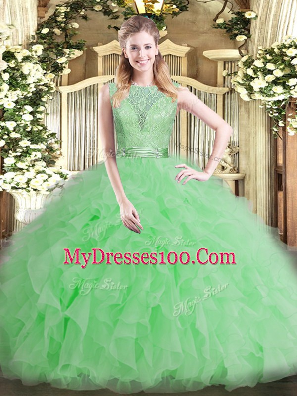 Flare Apple Green Backless Sweet 16 Quinceanera Dress Beading and Ruffles Sleeveless Floor Length