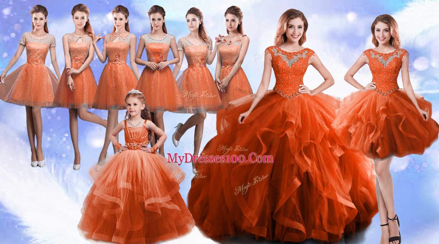 Adorable Sleeveless Organza Floor Length Lace Up Sweet 16 Dress in Rust Red with Beading and Ruffles