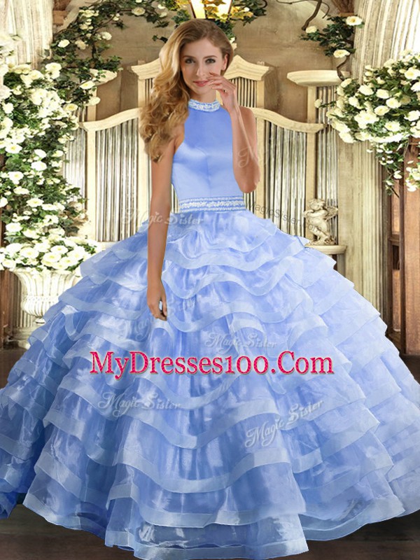 Deluxe Floor Length Ball Gowns Sleeveless Blue Vestidos de Quinceanera Backless