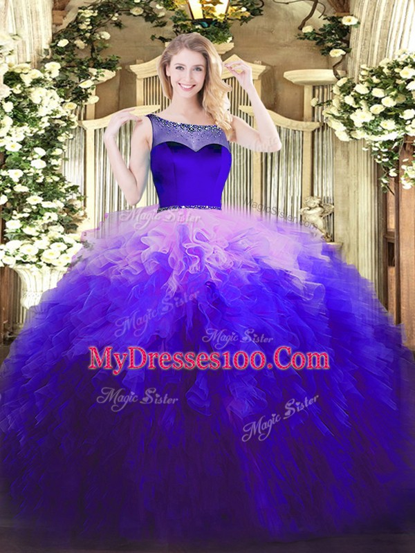 Flirting Sleeveless Floor Length Beading and Ruffles Zipper 15 Quinceanera Dress with Multi-color