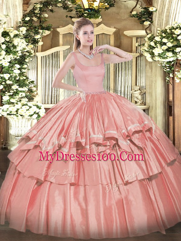 Latest Floor Length Coral Red Sweet 16 Dresses Straps Sleeveless Zipper