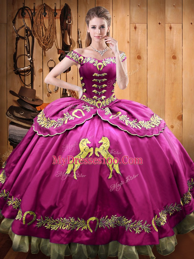 Fuchsia Off The Shoulder Lace Up Beading and Embroidery Sweet 16 Dresses Sleeveless