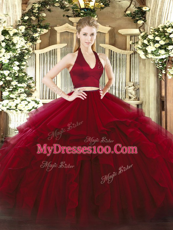 Perfect Wine Red Halter Top Zipper Ruffles 15th Birthday Dress Sleeveless