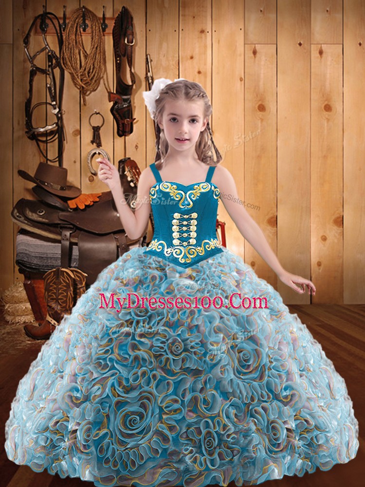 Trendy Multi-color Straps Neckline Embroidery and Ruffles Winning Pageant Gowns Sleeveless Lace Up
