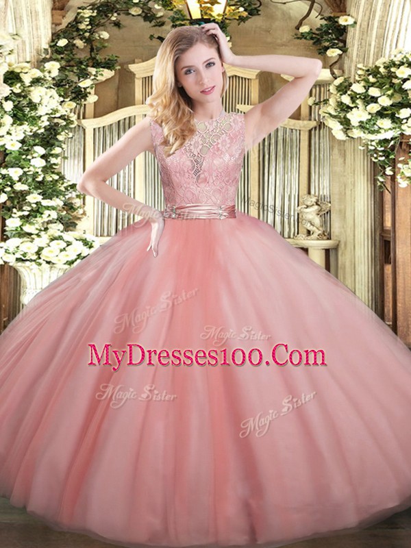 Delicate Baby Pink Ball Gowns Scoop Sleeveless Tulle Floor Length Backless Lace Sweet 16 Dress