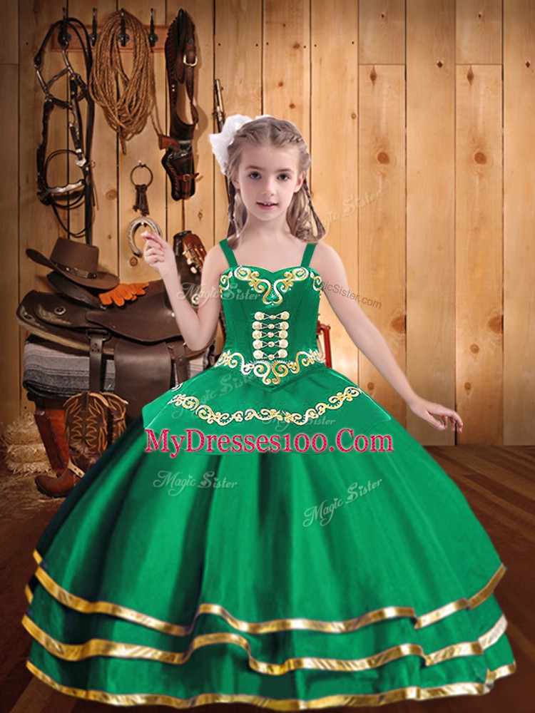 Cheap Green Ball Gowns Organza Straps Sleeveless Embroidery and Ruffled Layers Floor Length Lace Up Girls Pageant Dresses