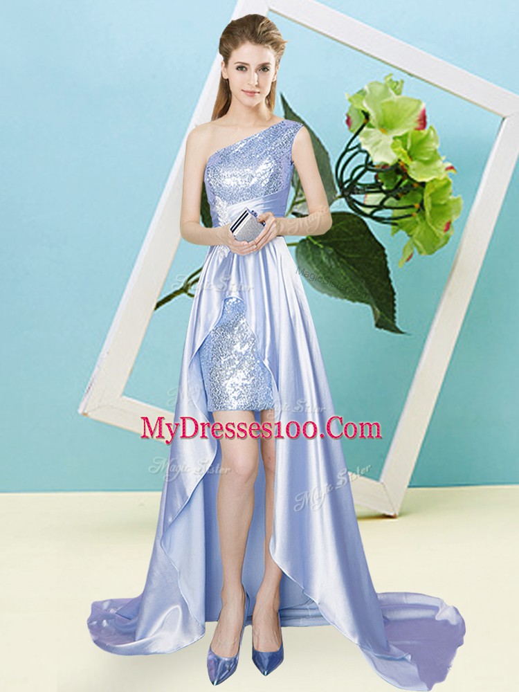 Traditional Lavender Empire Elastic Woven Satin and Sequined One Shoulder Sleeveless Sequins High Low Lace Up Prom Party Dress
