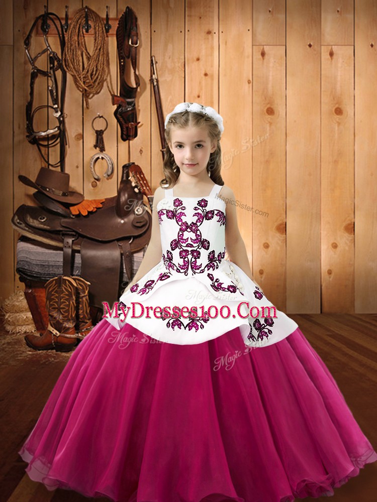 Fuchsia Ball Gowns Embroidery Pageant Dress for Girls Lace Up Organza Sleeveless Floor Length