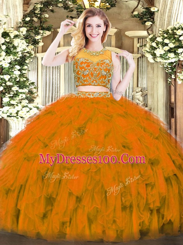 Latest Rust Red Scoop Neckline Beading and Ruffles Sweet 16 Quinceanera Dress Sleeveless Zipper