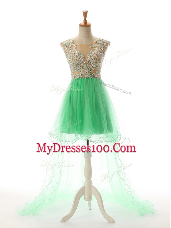 Sexy Tulle Sleeveless High Low Prom Evening Gown and Appliques