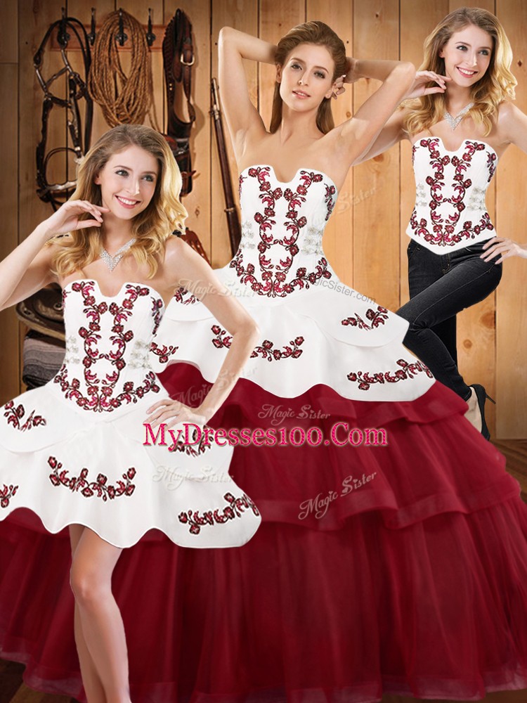 Luxury Burgundy Tulle Lace Up Quinceanera Dresses Sleeveless Sweep Train Embroidery and Ruffled Layers