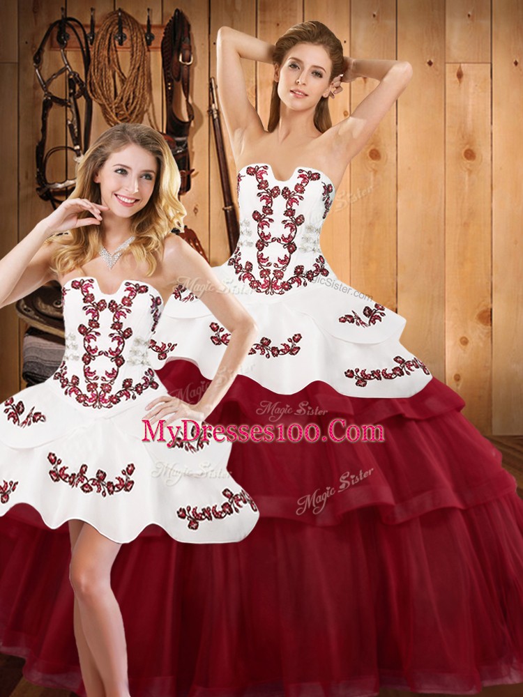 Luxury Burgundy Tulle Lace Up Quinceanera Dresses Sleeveless Sweep Train Embroidery and Ruffled Layers