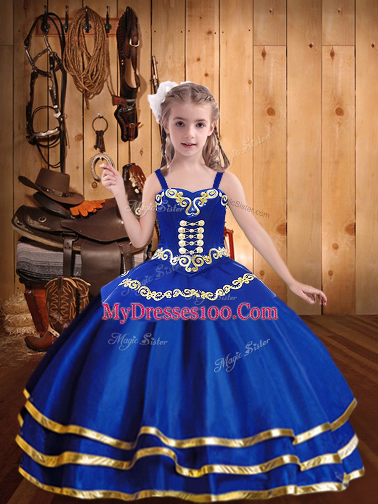 New Arrival Floor Length Lace Up Kids Formal Wear Royal Blue for Sweet 16 and Quinceanera with Beading and Embroidery and Ruffled Layers