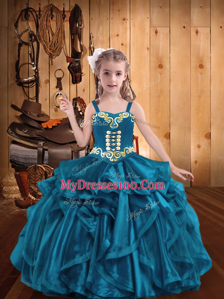 Teal Sleeveless Embroidery and Ruffles Floor Length Little Girls Pageant Gowns